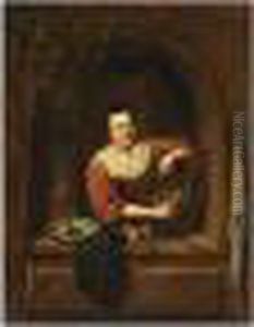 A Young Woman Selling Apples In A Stone Window by Gerrit Dou