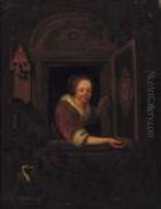 A Lady With A Monkey And A Bullfinch At A Casement