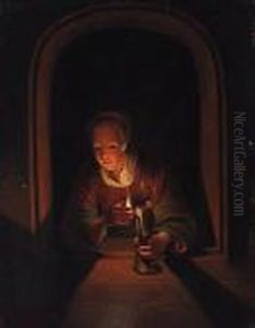 A Young Woman At A Casement With A Lamp A Young Woman At A Casement With A Lamp