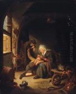 A Woman De-lousing A Boy In An Interior by Gerrit Dou