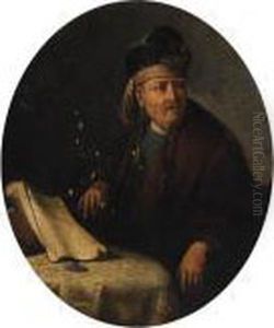 Portrait Of A Man, Half-length, 
In Oriental Costume, Seated At Atable; And Portrait Of A Woman, 
Half-length, In Fur-trimmed Robesand A Headdress, Seated At A Table by Gerrit Dou