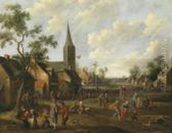 Village Street With Peasants Dancing Andcelebrating - view 1