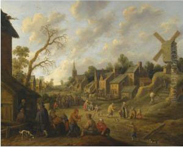 A Wide Street Through A Village Filled With Numerous Figures Andoverlooked By A Windmill - view 1
