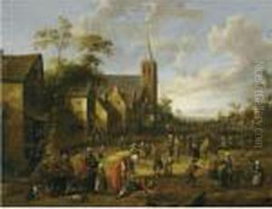 A Busy Village Street With 
Numerous Figures, Peasants Eating Anddrinking At A Table In The 
Foreground, A Church Tower Beyond