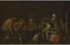 A Tavern Interior With Figures Grouped Around The Table by Joost Cornelisz. Droochsloot