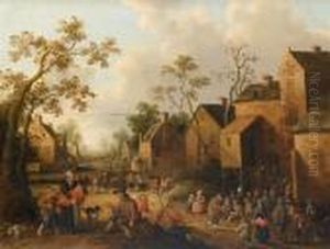 A Village Street With Figures Resting Beneath A Tree by Joost Cornelisz. Droochsloot