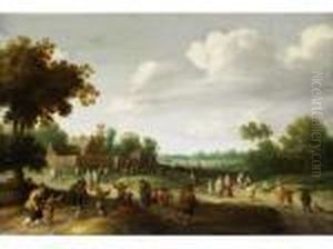 Menschenansammlung In Weiter Landschaft Vor Einem Mit Mauern Umfriedeten Gebaude Menschenansammlung In Weiter Landschaft Vor Einem Mit Mauern Umfriedeten Gebaude