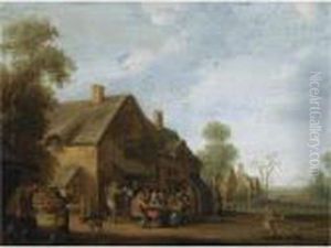 A Village Street With A Group Of
Peasants Seated Outside An Inn, A Boy Playing With A Dog In The
Foreground by Joost Cornelisz. Droochsloot