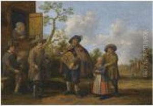 A Hurdy-gurdy Player And Other Musicians Before A Cottage by Joost Cornelisz. Droochsloot