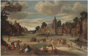 A Busy Village Scene With Numerous Figures, Near A Churchtower by Joost Cornelisz. Droochsloot