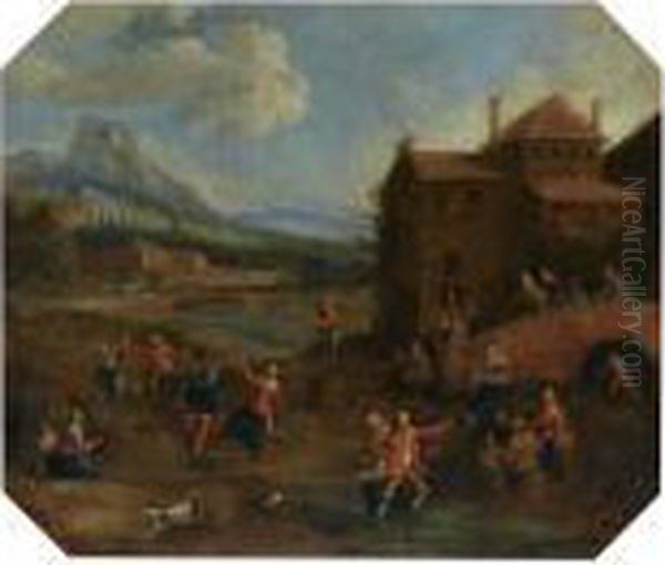 A Village Scene With Peasants Dancing, A Mountainous Landscape Inthe Background - view 1
