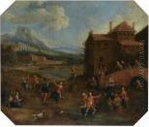 A Village Scene With Peasants Dancing, A Mountainous Landscape Inthe Background by Joost Cornelisz. Droochsloot