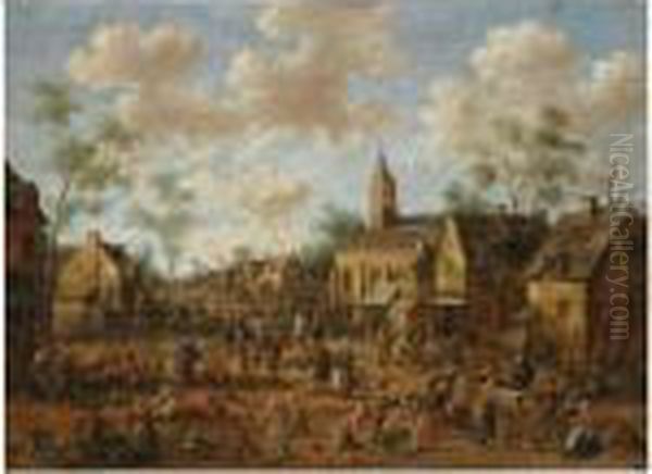 A Village Kermesse, With 
Numerous Figures Feasting Andconversing In The Street, Other Figures 
Gathered Around A Quackdoctor In The Foreground, A Church On The Right 
With A Crowd - view 1
