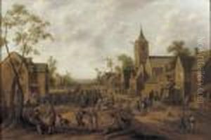A Town With Numerous Figures Gathered In A Street