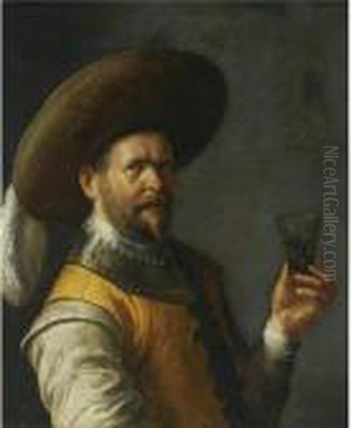 A Self Portrait Of The Artist,
Half Length, Dressed As Acavalier, Wearing A Feathered Head, Holding A
Glass In His Lefthand - view 1
