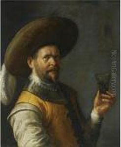 A Self Portrait Of The Artist, 
Half Length, Dressed As Acavalier, Wearing A Feathered Head, Holding A 
Glass In His Lefthand