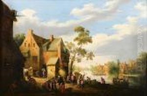 Paysage Fluvial Anime De Personnages by Joost Cornelisz. Droochsloot
