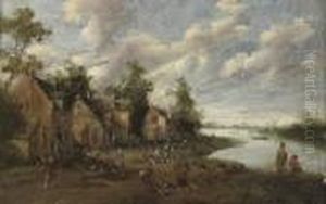 A Village With Figures Outside 
An Inn, A Church Beyond; And A Riverside Village With Fishermen And 
Figures Conversing