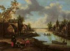 A River Landscape With Figures Outside An Inn And Fishermen In Boats