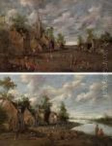A Village With Figures Outside 
An Inn, A Church Beyond; And A Riverside Village With Fishermen And 
Figures Conversing