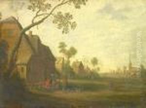 Town Landscape With Farmer Infront Of Their Cottages by Joost Cornelisz. Droochsloot