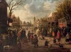 A Village Meeting With Figures Gathered In The Street