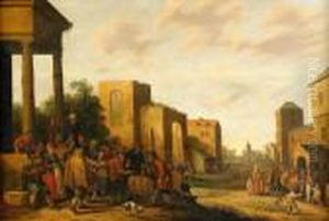 Hollandsk Byscen Med Figurer by Joost Cornelisz. Droochsloot