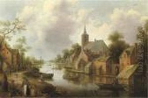 A River Landscape With Figures Outside An Inn And Fishermen In Boats, A Town Beyond