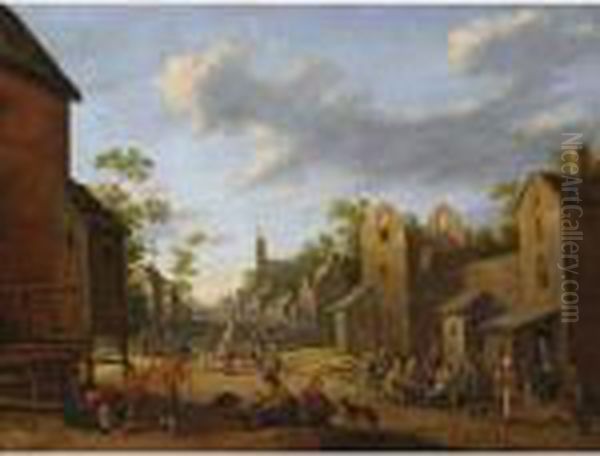 A Village Street Scene With
Peasants Drinking Outside An Inn, A Beggar Woman In The Foreground, A
View Of A Church Tower Beyond - view 1