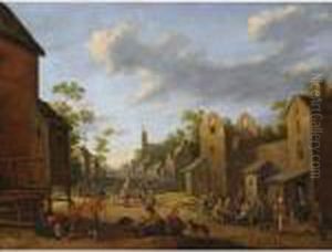 A Village Street Scene With
Peasants Drinking Outside An Inn, A Beggar Woman In The Foreground, A
View Of A Church Tower Beyond by Joost Cornelisz. Droochsloot