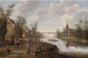 An Extensive River Landscape With Peasants In A Village, A Churchbeyond An Extensive River Landscape With Peasants In A Village, A Churchbeyond