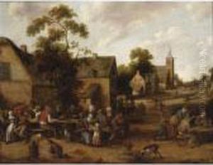 A Village Scene With Peasants
Drinking And Smoking Around Tables, Other Figures Conversing In The
Background, A Church Beyond by Joost Cornelisz. Droochsloot