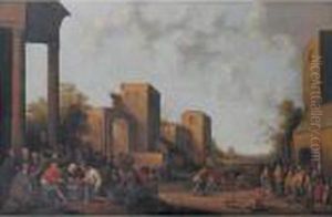 A View Of A Village Street With 
Beggars Receiving Alms Outside A Convent And Others Making Merry By A 
Ruin To The Left