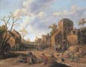 A Village Scene With Figures And Beggars