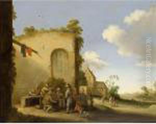A Village Street With Peasants
Drinking And Eating At A Table Together With A Dog, Other Figures Beyond - view 1