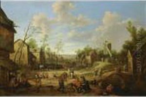 A Village Street With A Mill And
 Figures Outside A Tavern And Other Figures On The Street With 
Horse-drawn Wagons by Joost Cornelisz. Droochsloot
