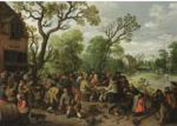A Village Scene With Peasants
Making Merry And Music With A Violin Player Outside An Inn, Together
With Peasants Eating And Drinking At A Table - view 1