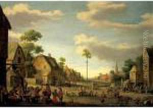 A Village Street With A Maypole And Numerous Figures Drinking Outside An Inn