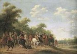 A Wooded Landscape With A Cavalry Skirmish by Joost Cornelisz. Droochsloot