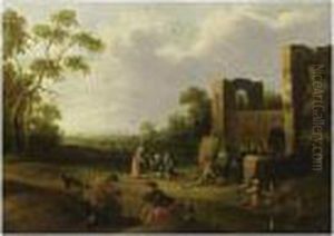 A Landscape With Figures Entering A Village, Other Figures With Dogs In The Foreground
