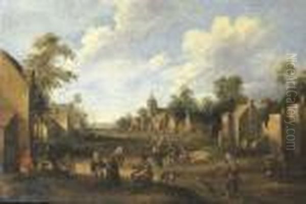 A Village Landscape With Travellers And Peasants In A Street - view 1