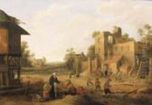 A Village Street With Peasants And Travellers by Joost Cornelisz. Droochsloot