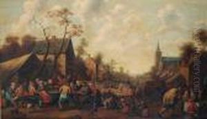 Peasants Drinking And Eating At Tables In A Village Street by Joost Cornelisz. Droochsloot