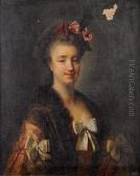 Portrait Of A Lady, Half-length,
In A Pinkembroidered Silk Dress And A Black Lace Shawl, A Pink Ribbon
In Herhair - view 1
