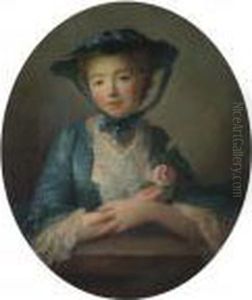 Portrait Of A Young Girl, Half Length, In A Blue Dress And Hat, Holding Roses by Francois-Hubert Drouais