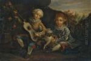 Zwei Kinderdoppelbildnisse. 1. Zwei Knaben Mit Einem Schosshund Und Einer Gitarre. by Francois-Hubert Drouais