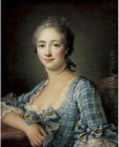Portrait Of A Lady, Seated And Resting Her Right Arm On A Marble Top by Francois-Hubert Drouais
