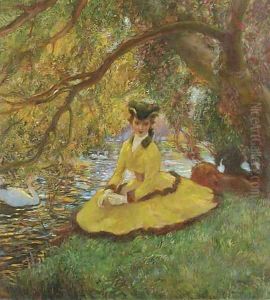 Amazone assise au bord d'un etang by Gaston de La Touche