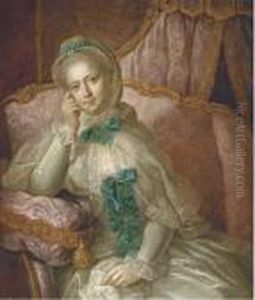 Portrait Of A Lady,
Three-quarter-length, In A White Satin Dresswith Blue Ribbons, A Lace
Cape, A White And Blue Headdress, Seatedon A Pink Sofa In Front Of A
Pink Curtain by Francois-Hubert Drouais
