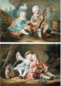 Portrait Of Two Children, One 
Holding A Guitar The Other Holding A Pug, Said To Be The Children Of The
 Duc De Bouillon by Francois-Hubert Drouais